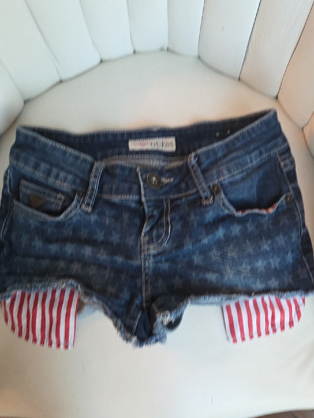 GUESS Women's Blue Star-Print Denim Shorts with Red-Striped Hem